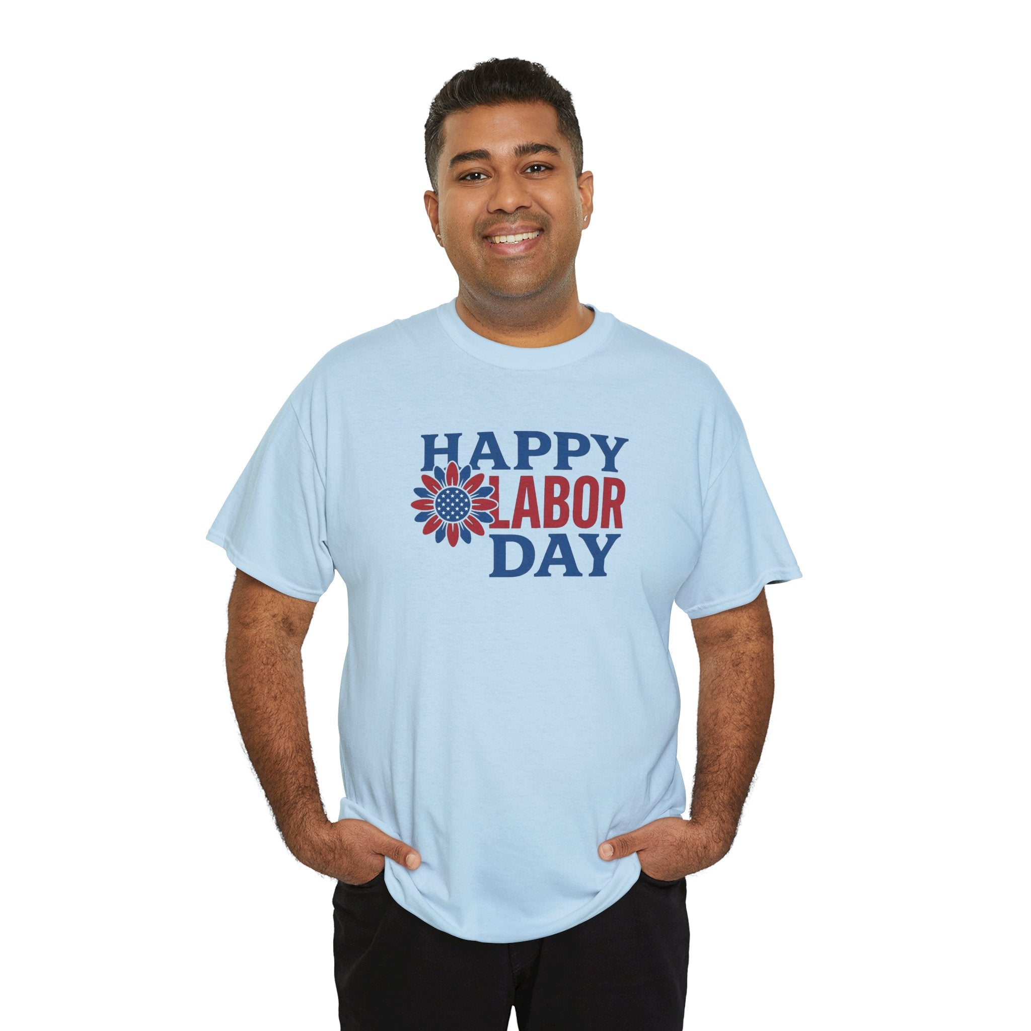 Happy Labor Day T-Shirt | Patriotic Floral Sunburst, Red Blue Holiday Tee