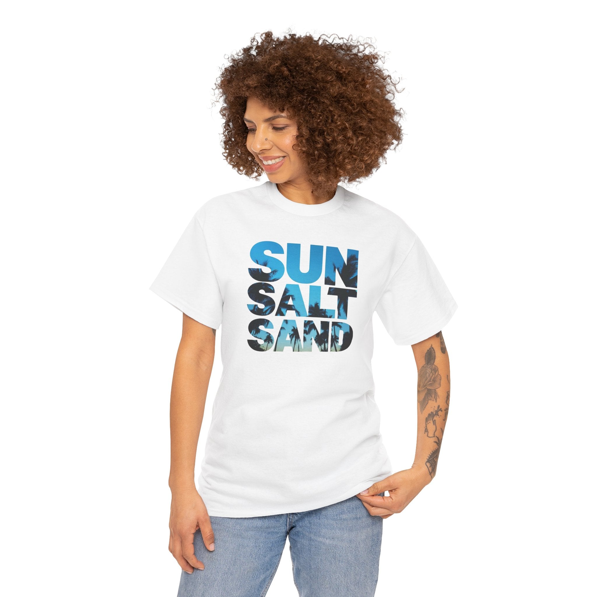 Sun Salt Sand T-Shirt | Beach Typography Tee, Ocean Photo Fill